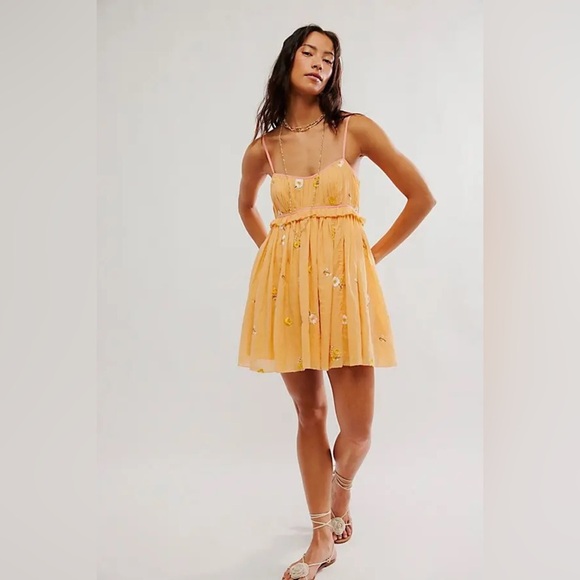 Free People Alana Babydoll Floral Apricot Peach Mini Strappy Sundress Dress - Picture 4 of 17